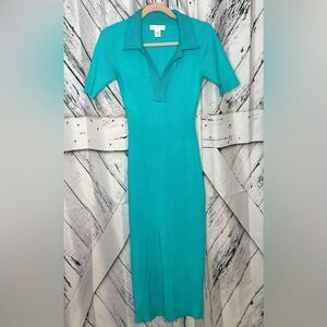 Caroline Constas Midi Dress Ribbed Knit Crochet Collar Short Sleeves M